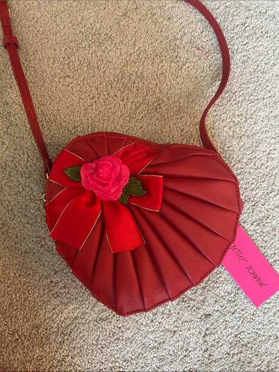 Betsey Johnson Handbags - Betsey Johnson Red Heart Crossbody with Pink Rose Accent